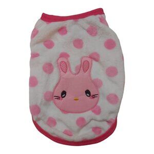 Dog/Cat Faux Fur White Sweater with Pink Polka Dots and Pink Bunny Head - Size M